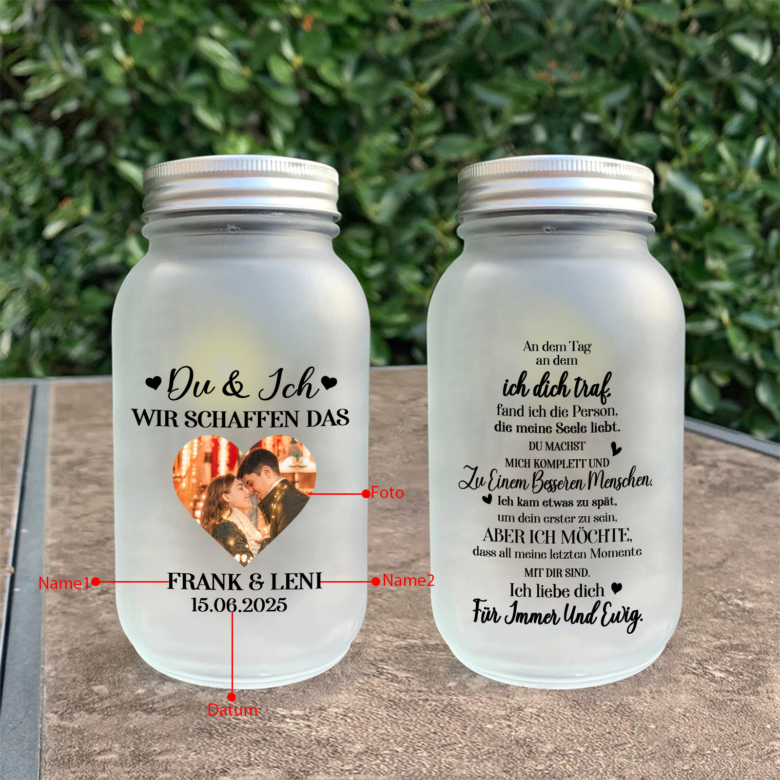 Personalisierte Solar-Nachtlampe im Einmachglas Glasflaschen mit Foto – Geschenk für Paare