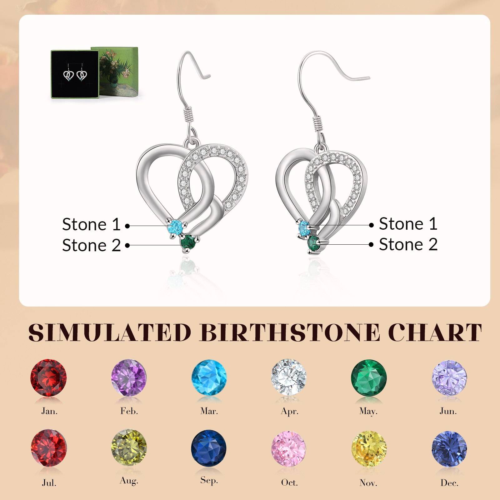 Personalisierte Geburtsstein Ohrringe mit ineinandergreifenden Herzen und 2 Geburtssteinen aus 925er Sterlingsilber