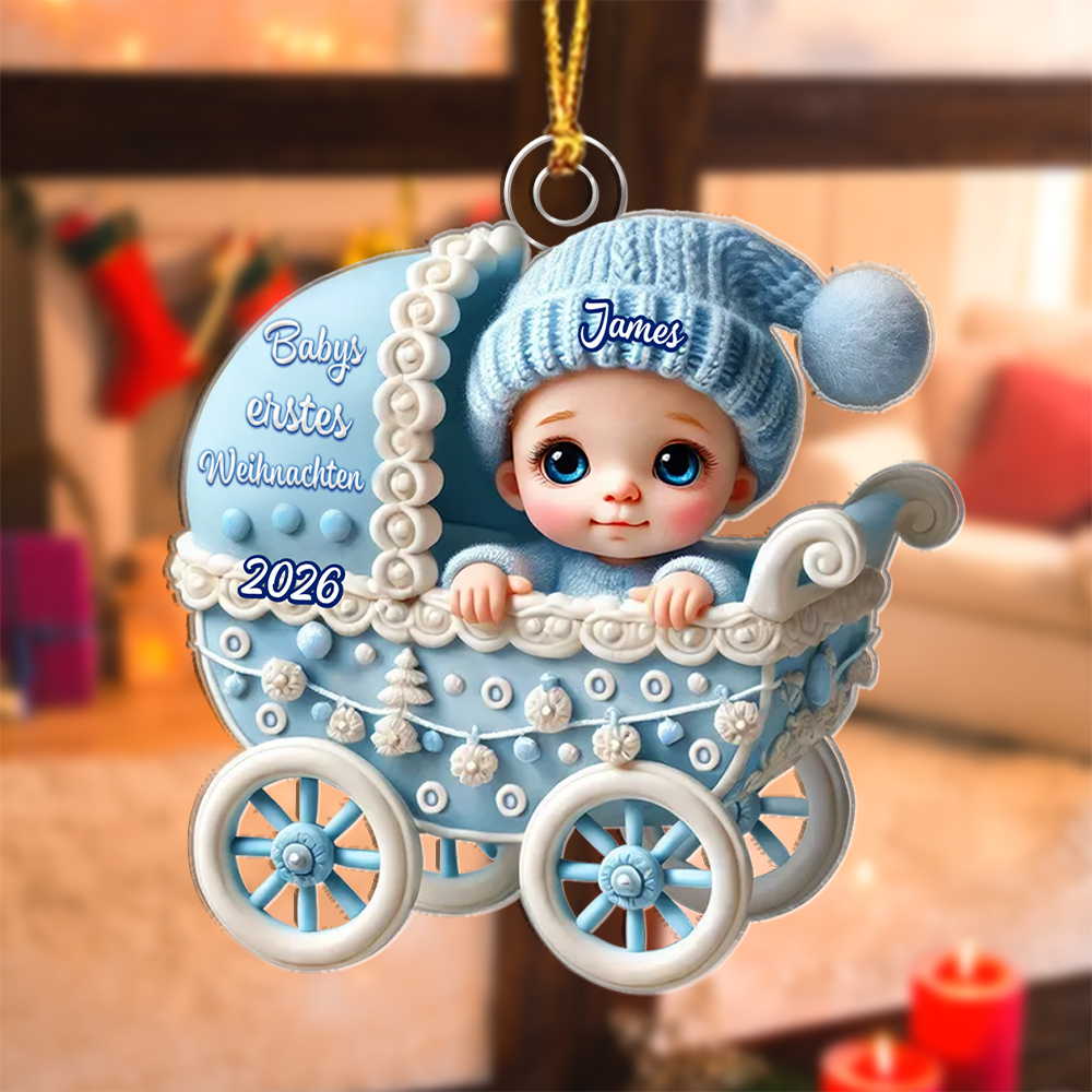 Personalisierte Weihnachtsanhänger in Form eines Kinderwagens für Babys erstes Weihnachten