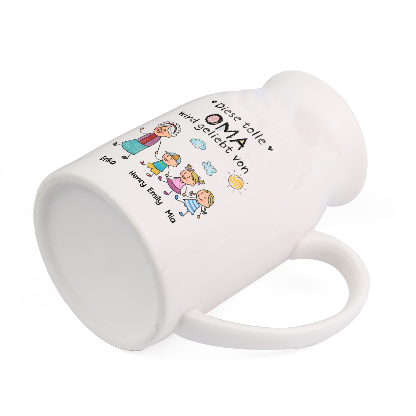 Personalisierte Blumenvase aus Keramik für Oma gestaltet mit 1–8 Namen und süßen Kinderfiguren