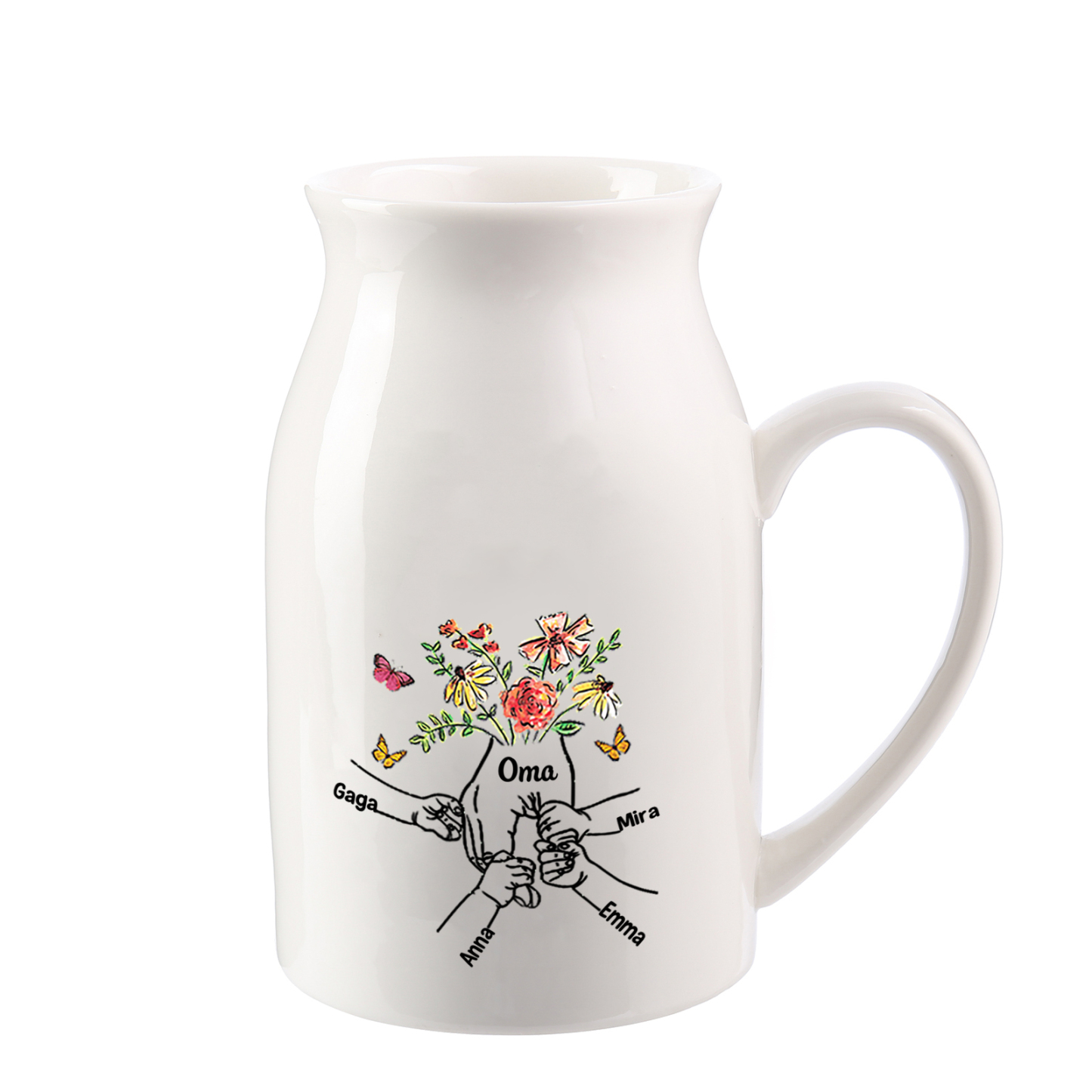 Personalisierte Keramikvase mit Handabdruck und floralem Design für Mama und Oma