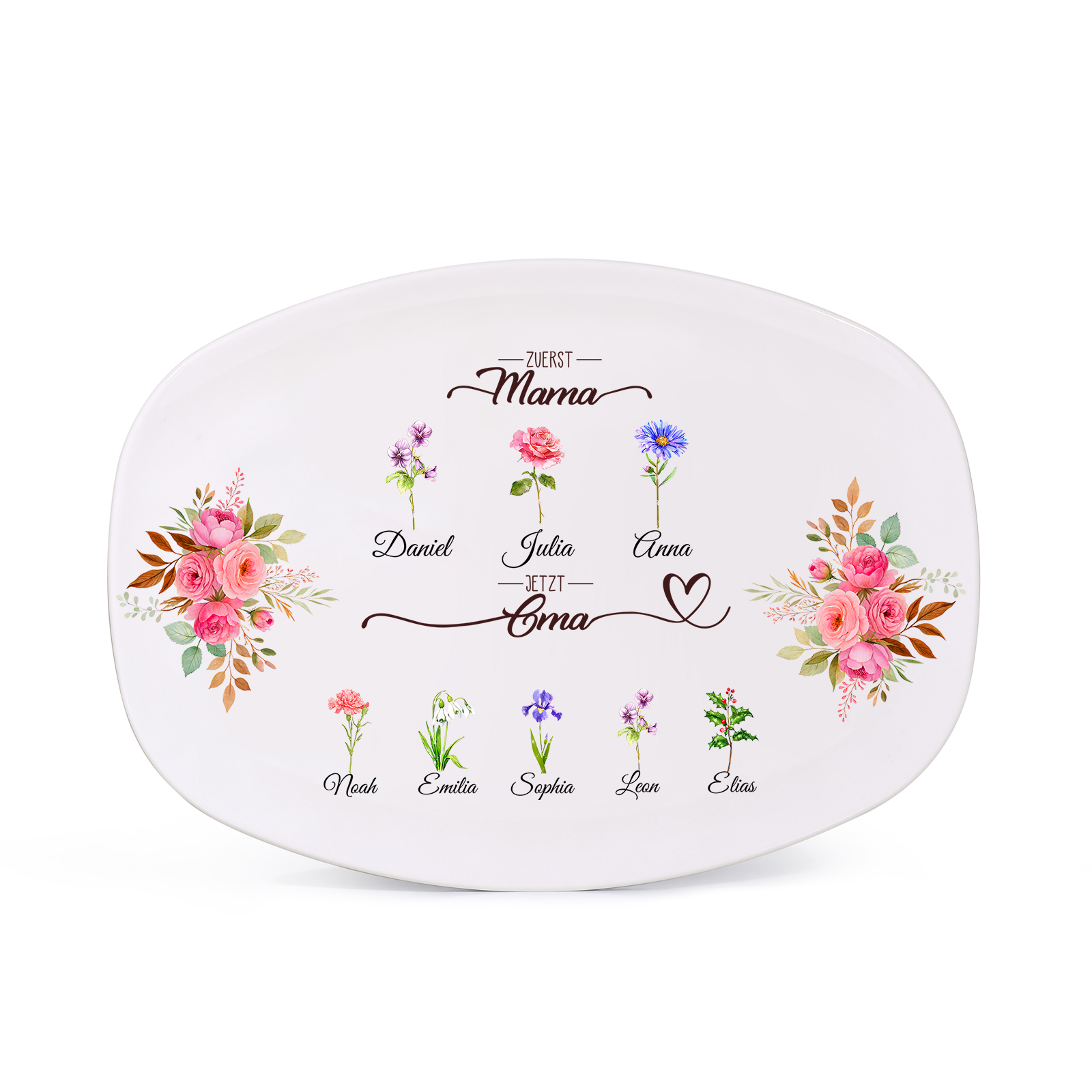 Erst Mama, jetzt Oma - Personalisierte Servierplatte, individuelles Tablett, 2 - 16 Namen, Geburtsblumen | Jessemade