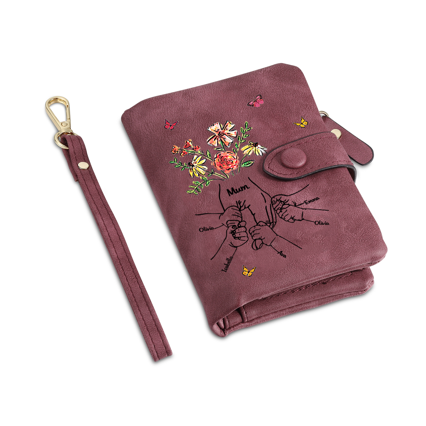 Personalisierte PU-Leder-Geldbörse mit Blumen und Hand-in-Hand-Motiv sowie 2–6 Namen – liebevolles Geschenk für Mama