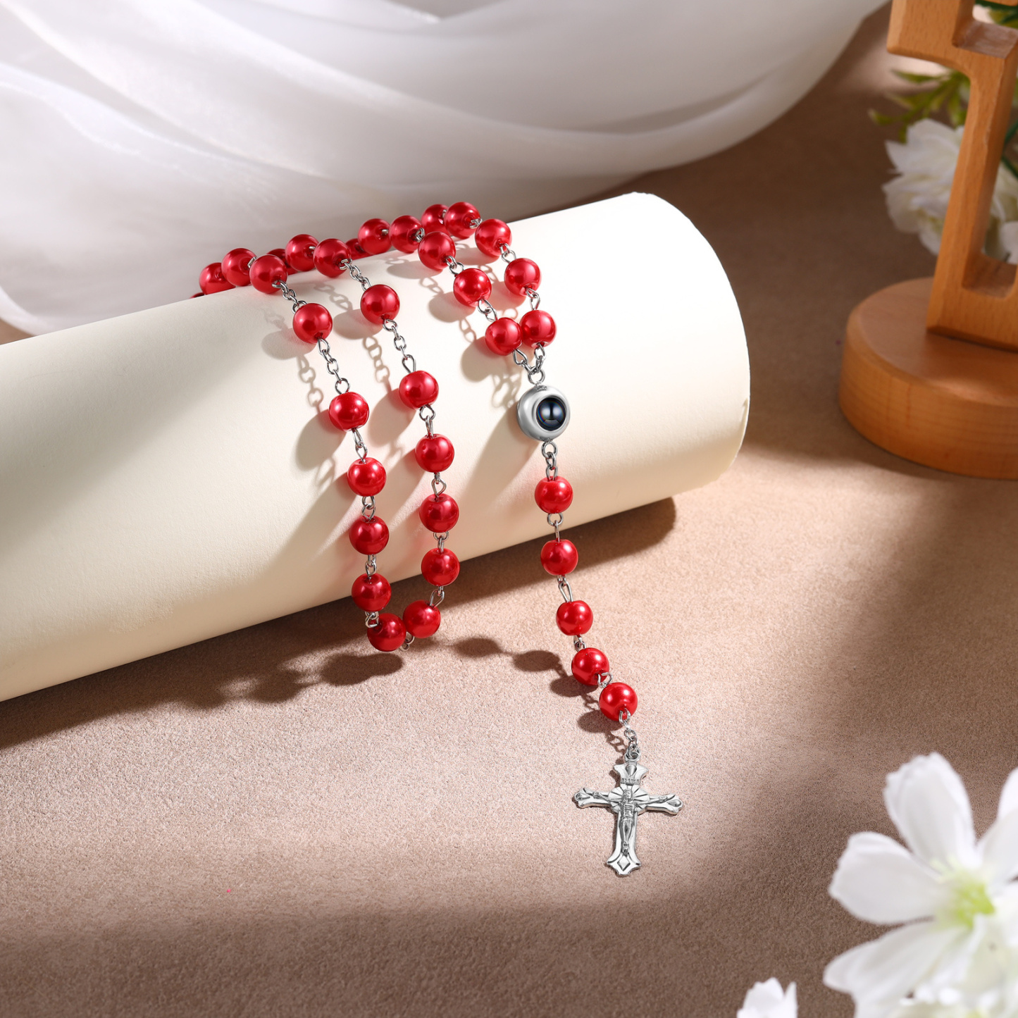 Künstliche Perlen-Halskette mit Kreuz und personalisierte Foto für Gedenken