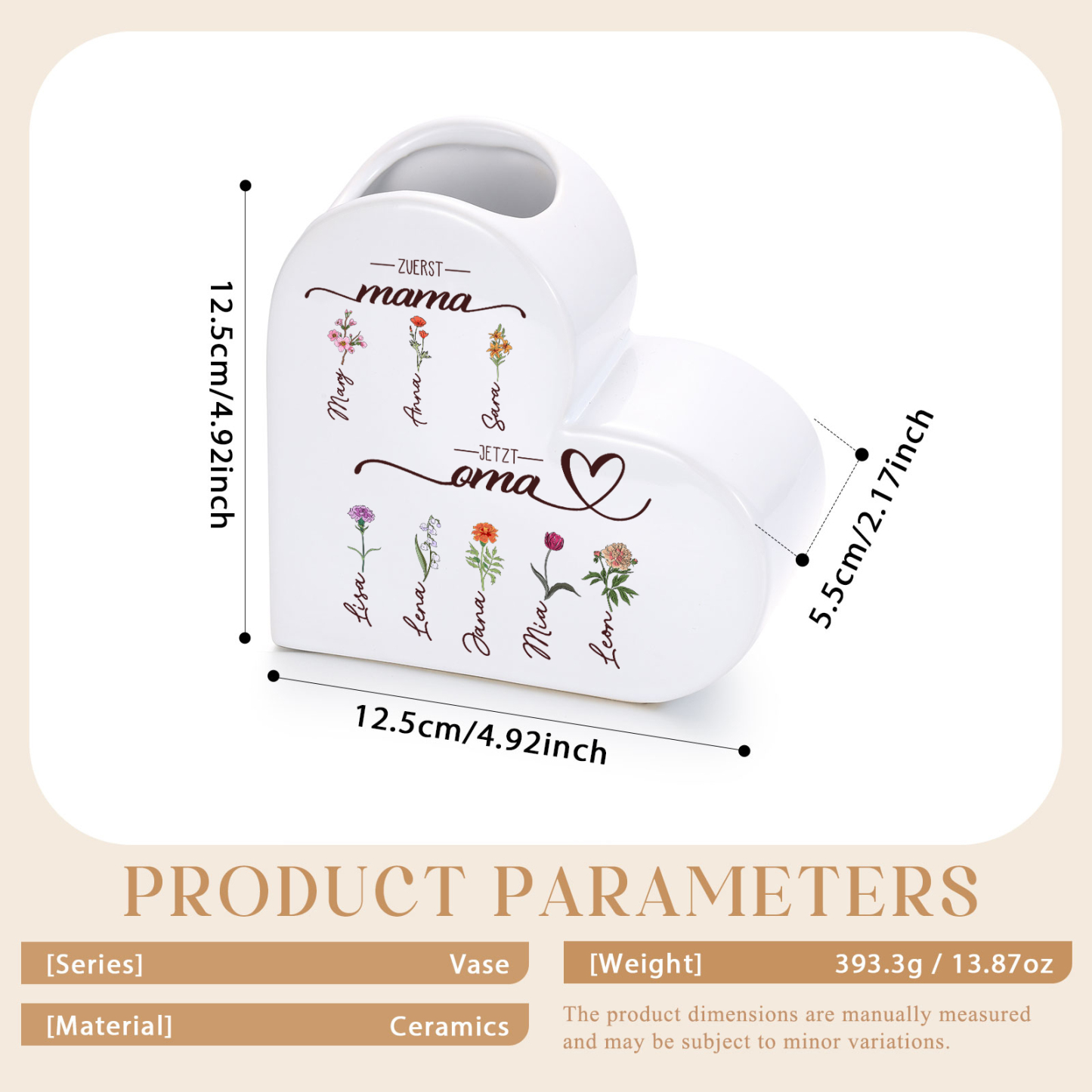 Personalisierte Keramikvase in Herzform Erst Mama, jetzt Oma personalisiert mit 2–10 Geburtsblumen und Namen