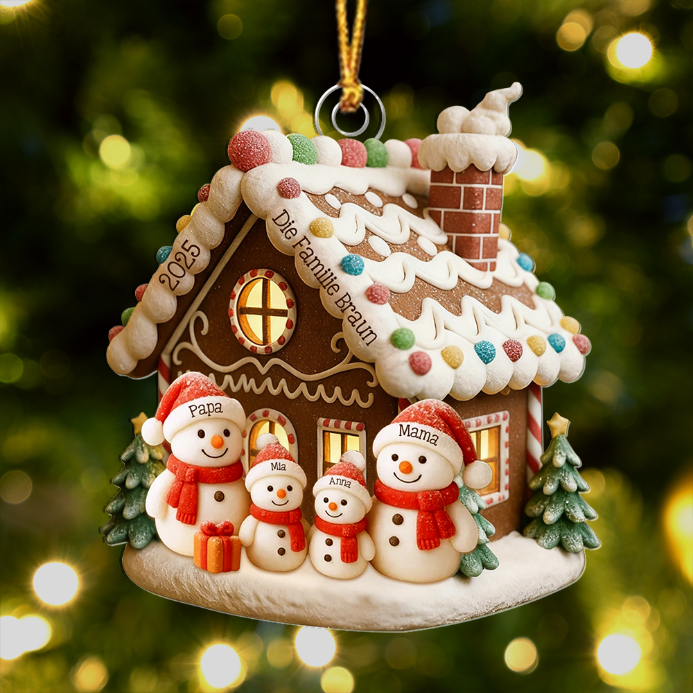 Personalisierter Lebkuchenhaus-Schneemann-Familien-Baumschmuck mit 1–6 Namen