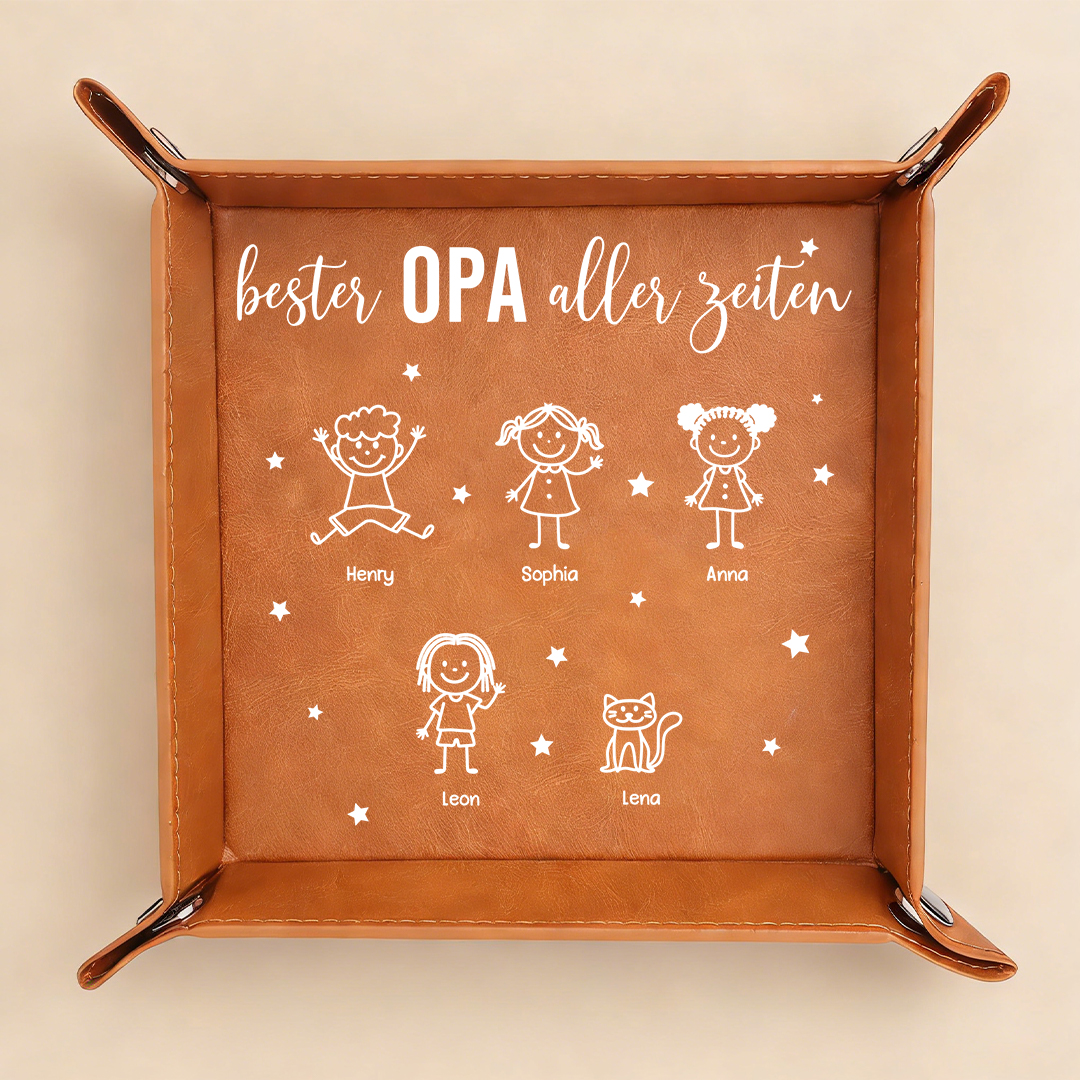Personalisierte Ablageschale aus Leder mit 1 bis 10 Kindernamen für Bester Papa/Opa der Welt