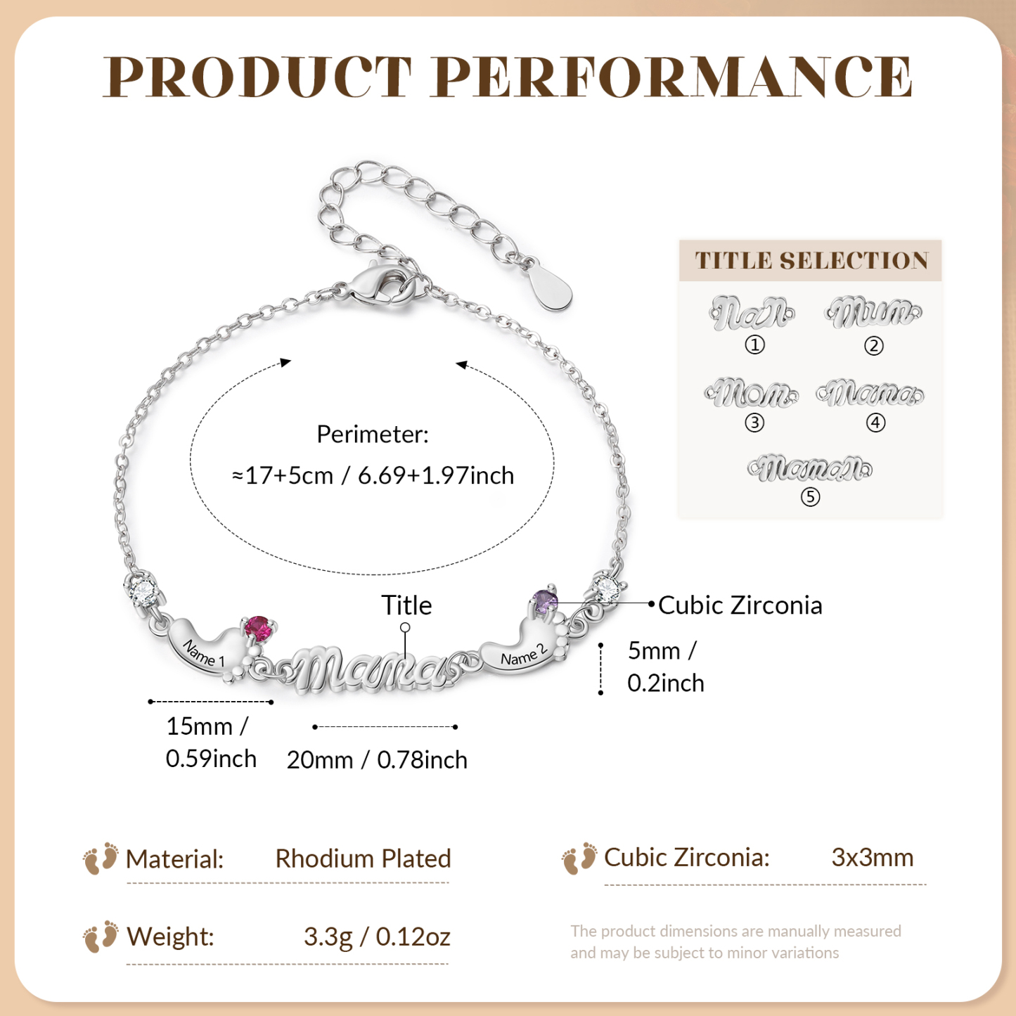 Personalisiertes Mama Armband mit 2–5 Babyfüßen, Namen und Geburtssteinen