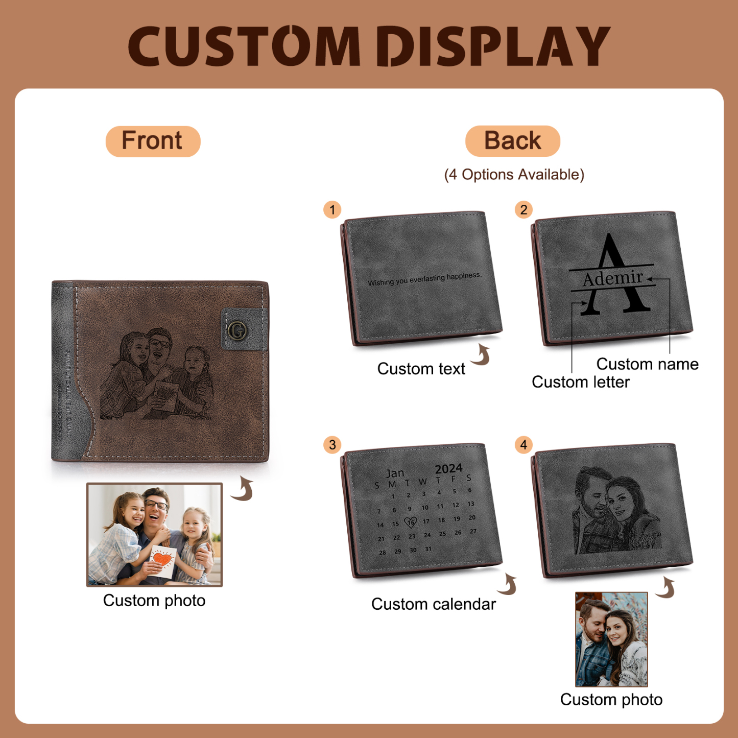 Personalisierte Herren-Geldbörse aus Leder im Bifold-Design mit graviertem Foto, Buchstaben und Namen