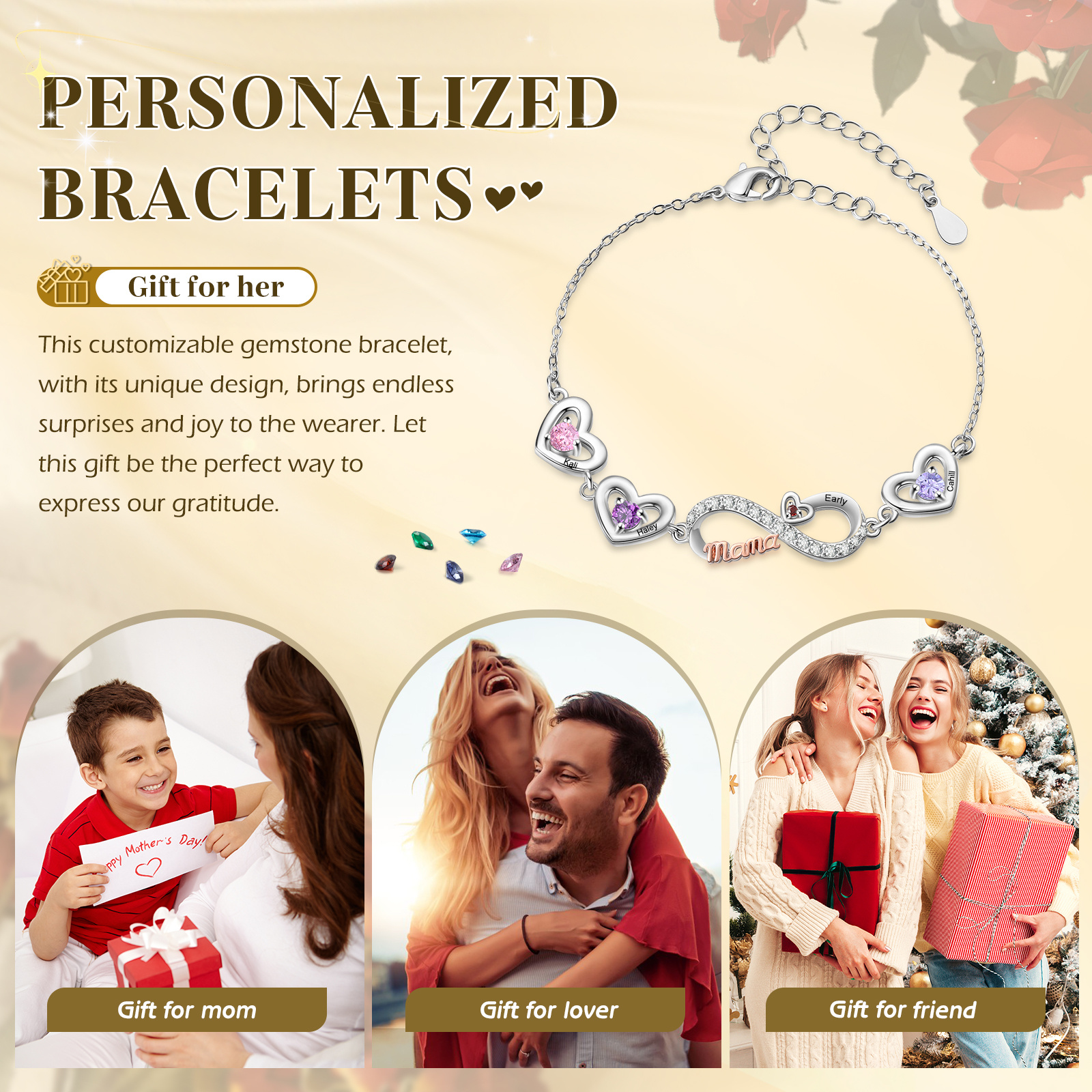 Personalisiertes Infinity-Herz Armband mit Geburtssteinen für Mama mit 2–6 Namen personalisiert