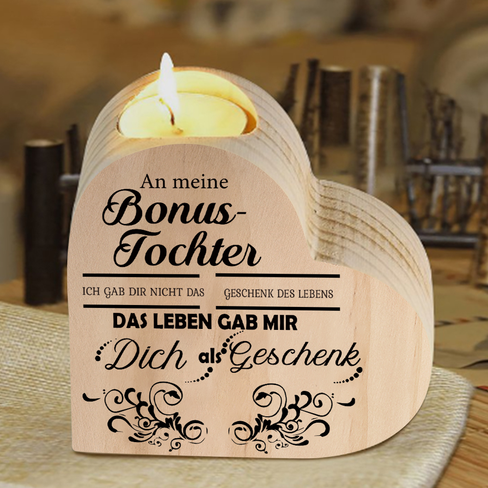 Herzförmiger Kerzenhalter aus Holz für meine Bonustochter