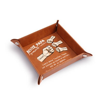 Personalisierte Lederablage für Papa mit 1–6 Namen und Faustgruß-Motiv