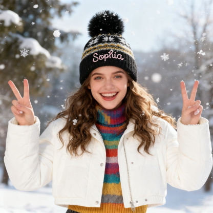 Personalisierte Strick-Bommelmütze Schneeflocken für Damen——Enthält fünf Farben