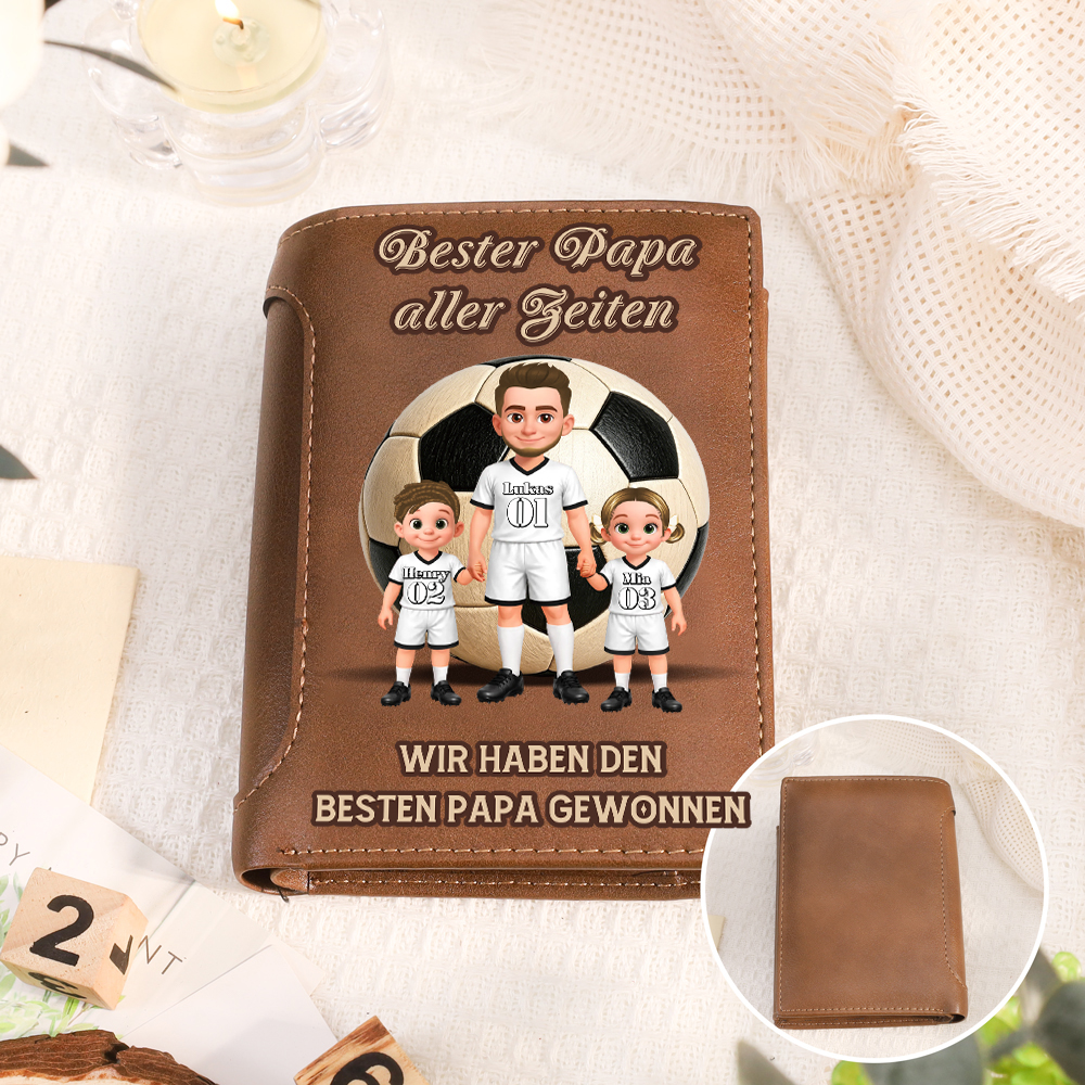 Personalisierte Leder Geldbörse für Papa mit 1–6 Kindern im Fußball-Design