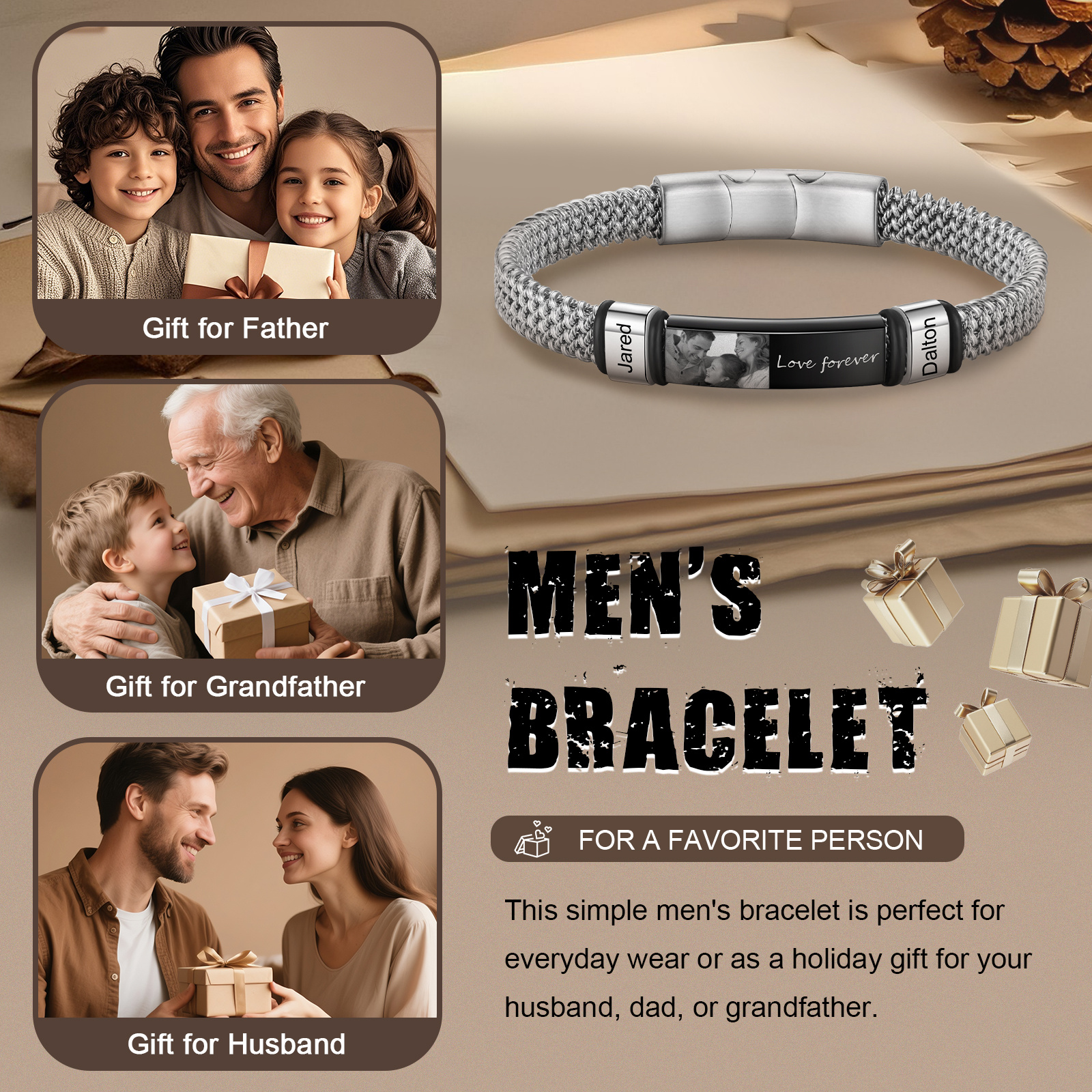 Personalisierbares Herren-Fotoarmband mit Gravur und 2–5 Namen