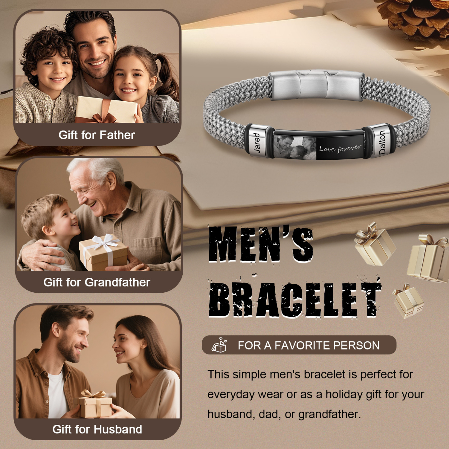 Personalisierbares Herren-Fotoarmband mit Gravur und 2–5 Namen
