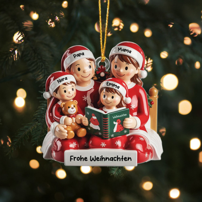 Personalisierter Weihnachtsanhänger für die Familie, individuell gestaltbar mit den Namen aller vier Familienmitglieder.