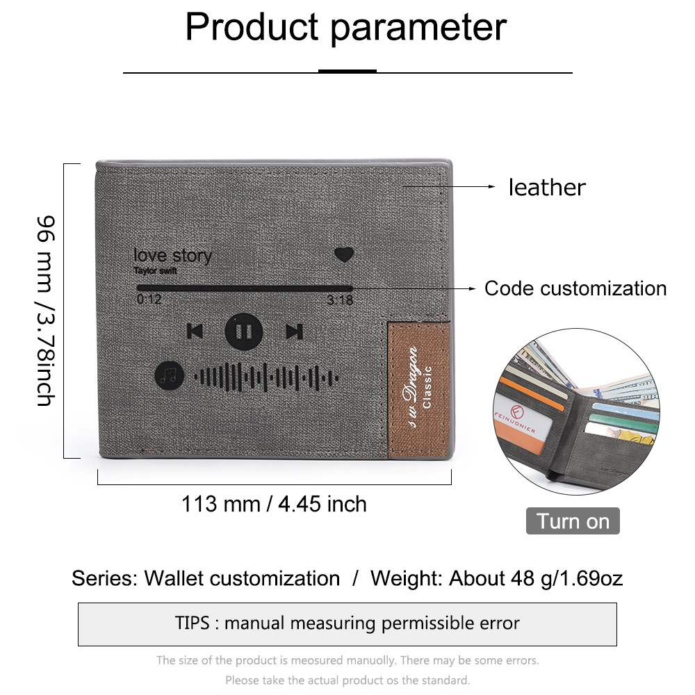 Herren Personalisierte Spotify Code PU-Leder Geldbörse in Grau