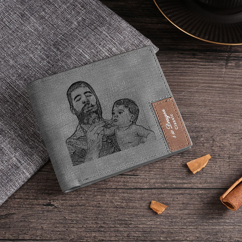 Herren Personalisiertes Foto & Buchstabe & Name PU-Leder Geldbörse in Grau