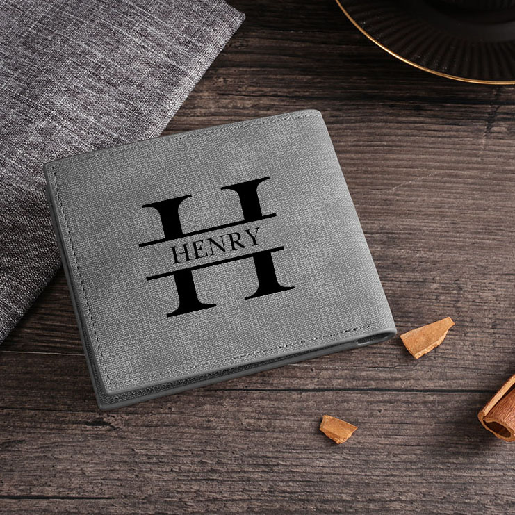 Herren Personalisiertes Foto & Buchstabe & Name PU-Leder Geldbörse in Grau