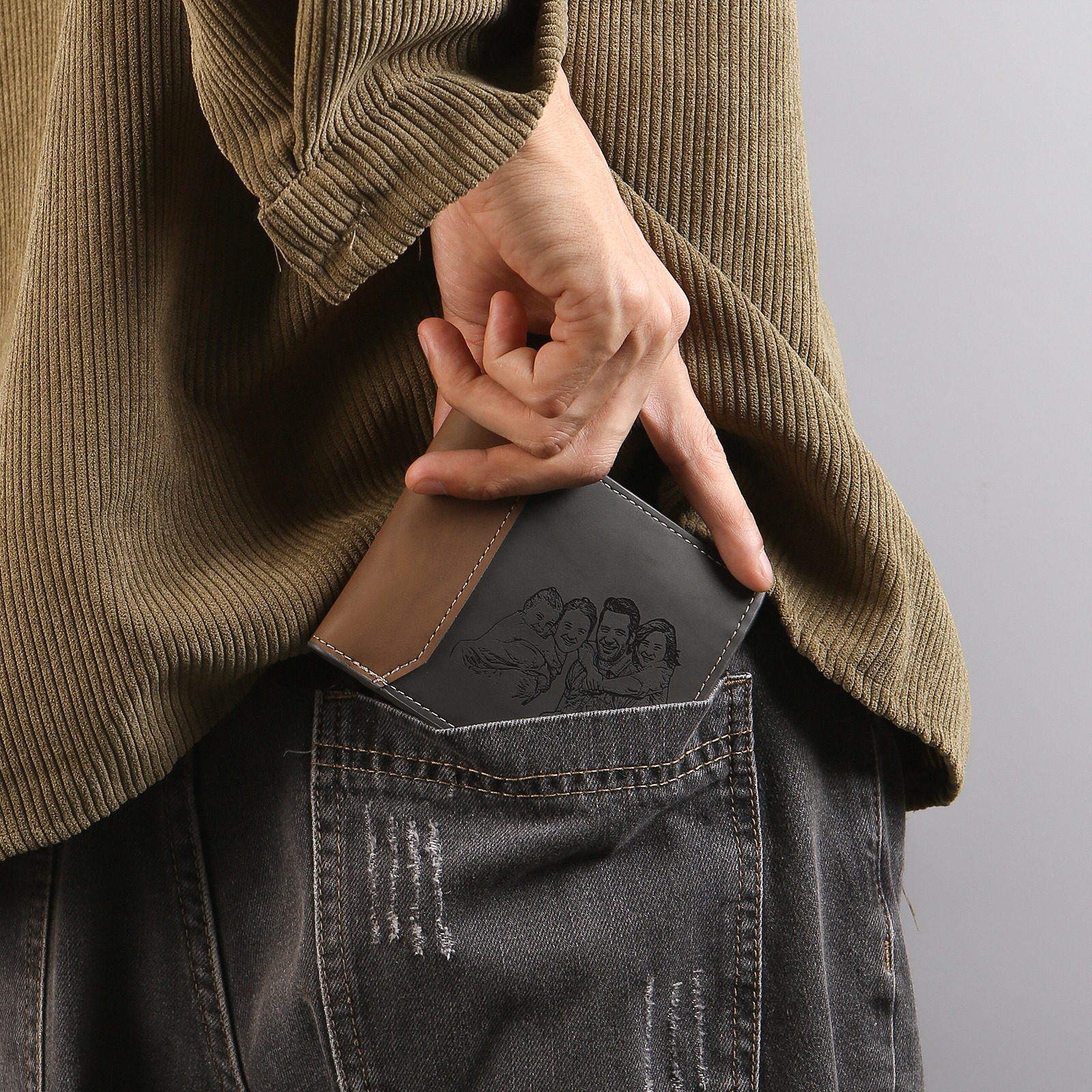 Personalisierter Foto & Name & Buchstabe Leder Geldbörs & 1 Buchstabe & 3 Texte Herren Ledergürtel & Karte & Box Geschenkbox Set für Papa