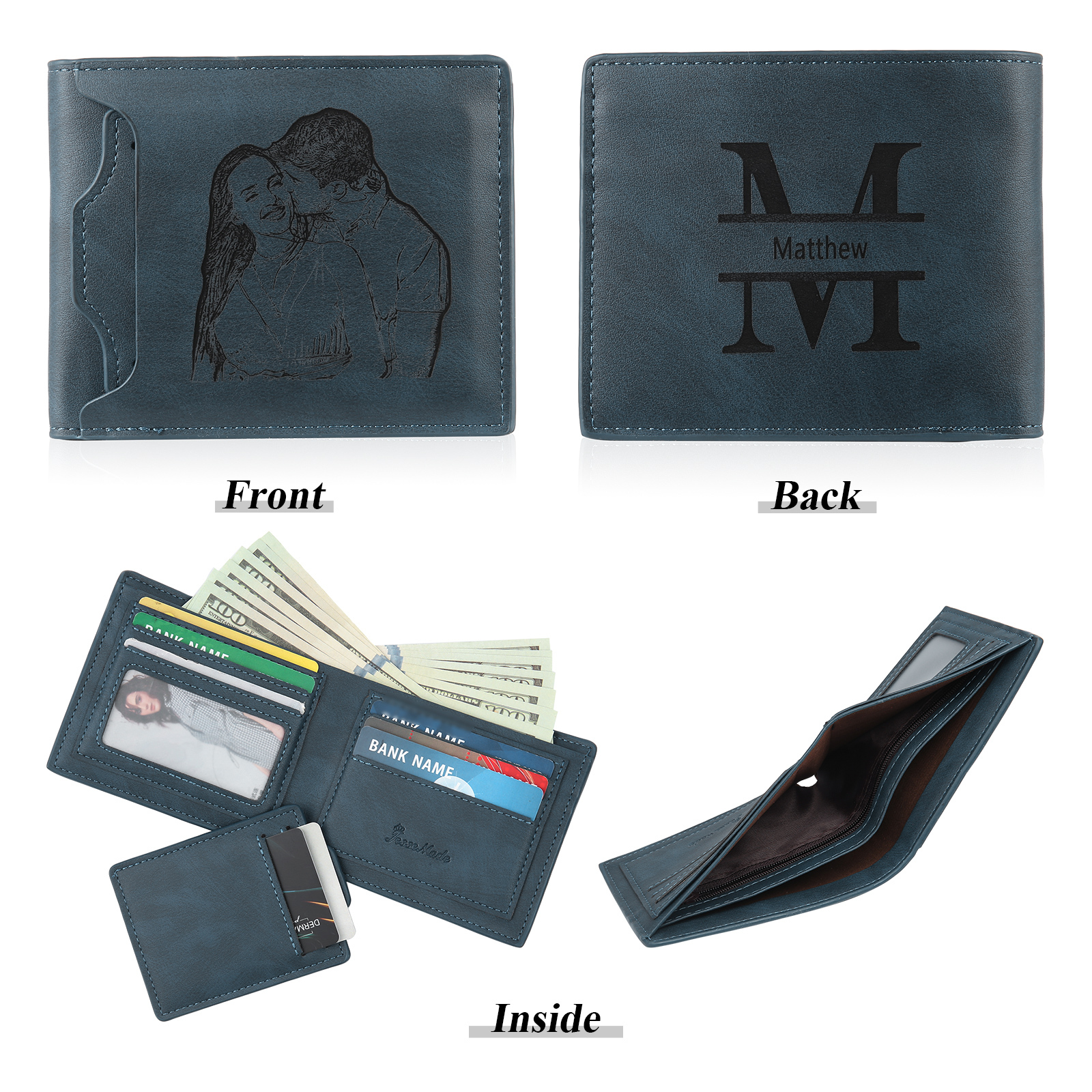 Herren Personalisiertes Foto & Name & 1 Buchstabe PU-Leder Geldbörse in 4 Farben