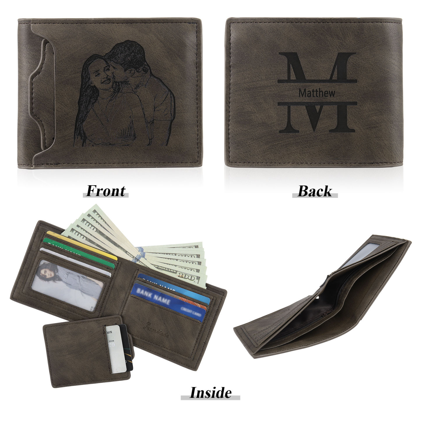 Herren Personalisiertes Foto & Name & 1 Buchstabe PU-Leder Geldbörse in 4 Farben