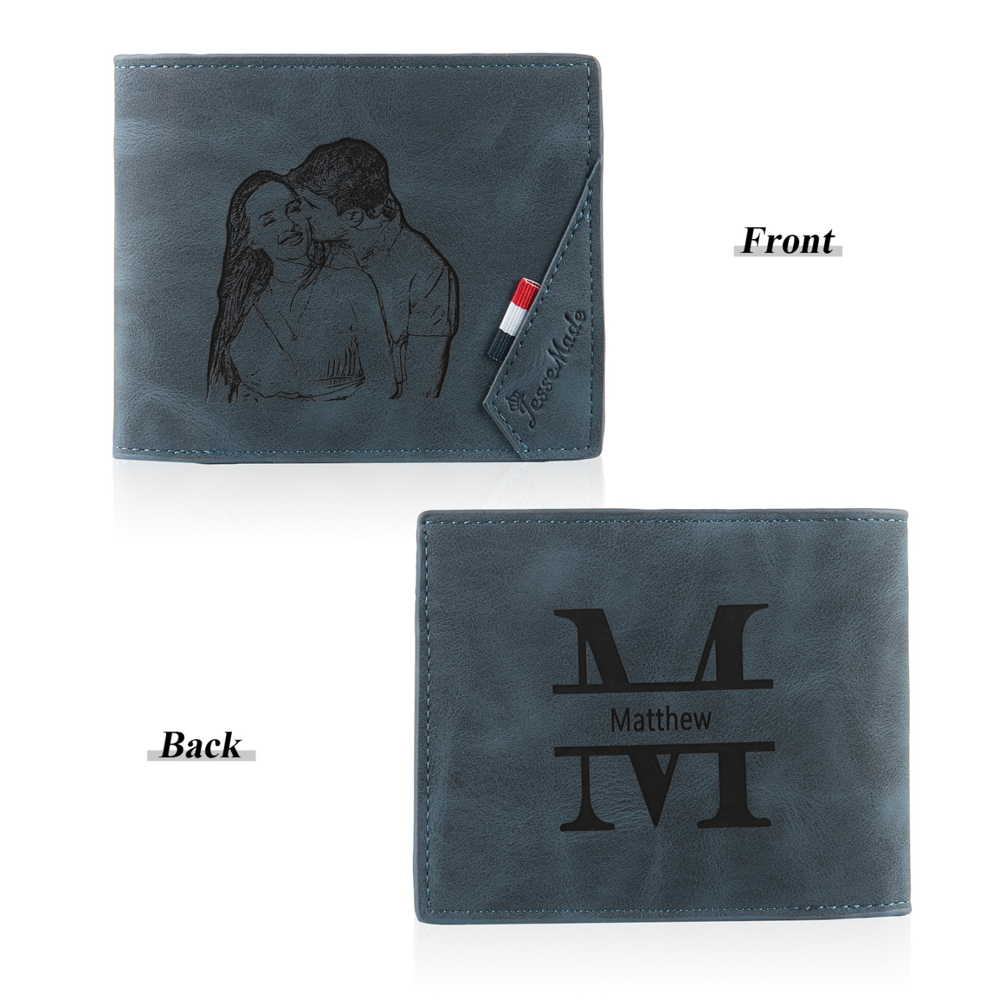 Personalisierte Foto & Name & Buchstabe PU Leder Herren Geldbörse & Foto & Buchstabe Blaue Damen Geldbörse & 2 Buchstaben & Datum Paar-Schlüsselanhänger & Geschenkkarte Geschenkbox Set für Paar  