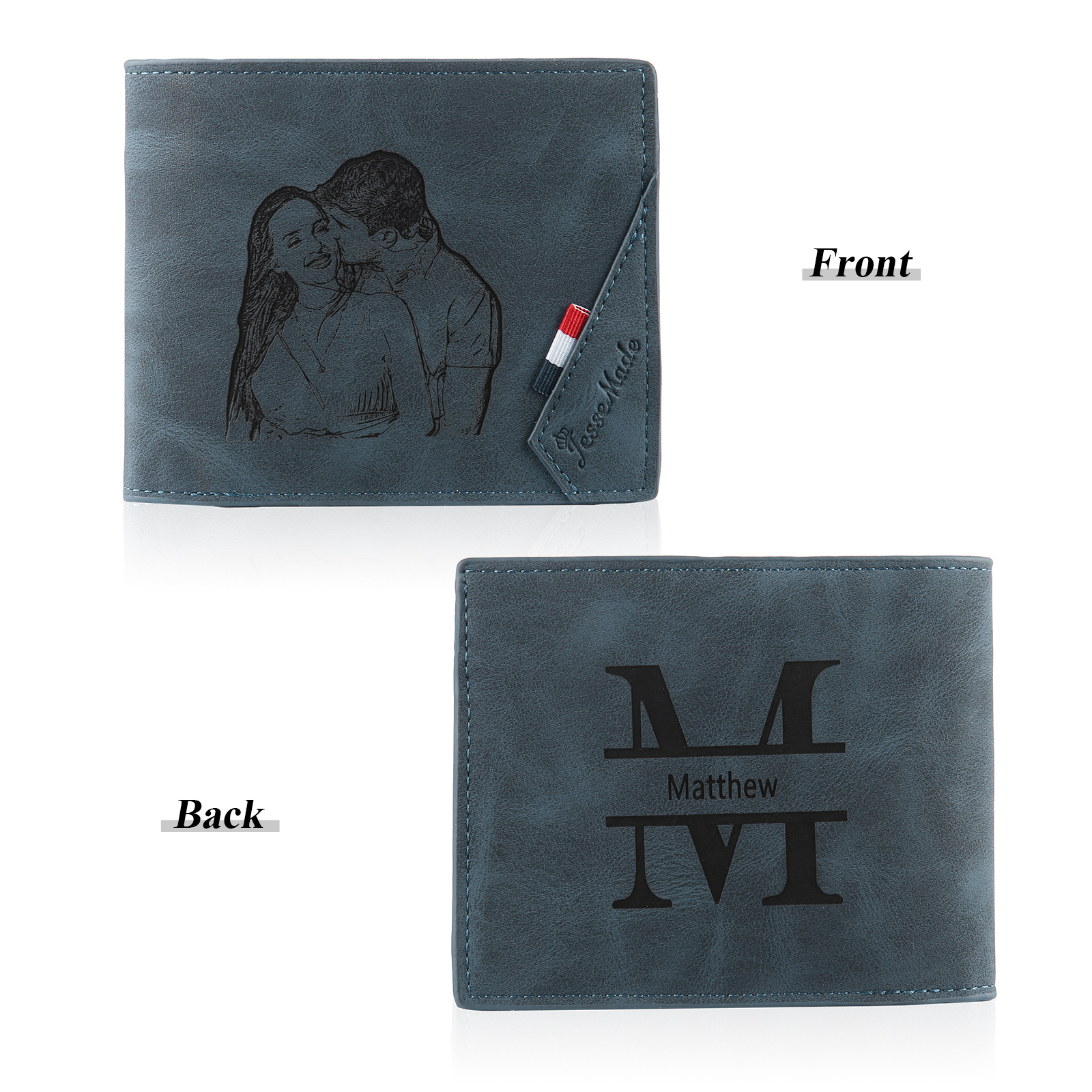 Personalisierte Foto & Name & Buchstabe PU Leder Herren Geldbörse & Foto & Buchstabe Blaue Damen Geldbörse & 2 Buchstaben & Datum Paar-Schlüsselanhänger & Geschenkkarte Geschenkbox Set für Paar