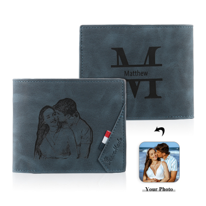 Personalisierte Foto & Name & Buchstabe PU Leder Herren Geldbörse & Foto & Buchstabe Blaue Damen Geldbörse & 2 Buchstaben & Datum Paar-Schlüsselanhänger & Geschenkkarte Geschenkbox Set für Paar  