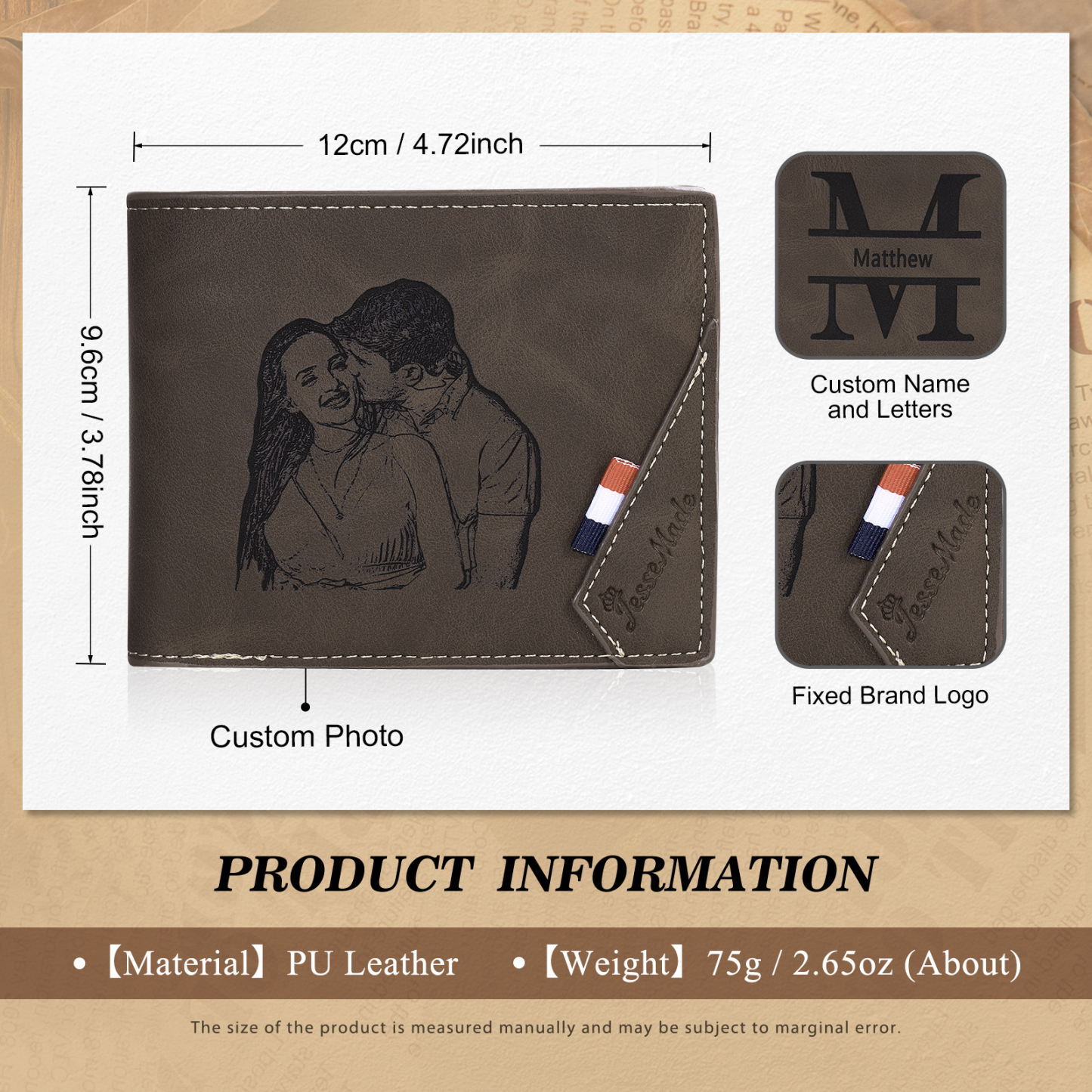 Personalisiertes Foto & Name & Buchstabe Herren Geldbörse & Foto & Text Geldbörse Karte & Stift Geschenkbox Set für Mann/ Freund