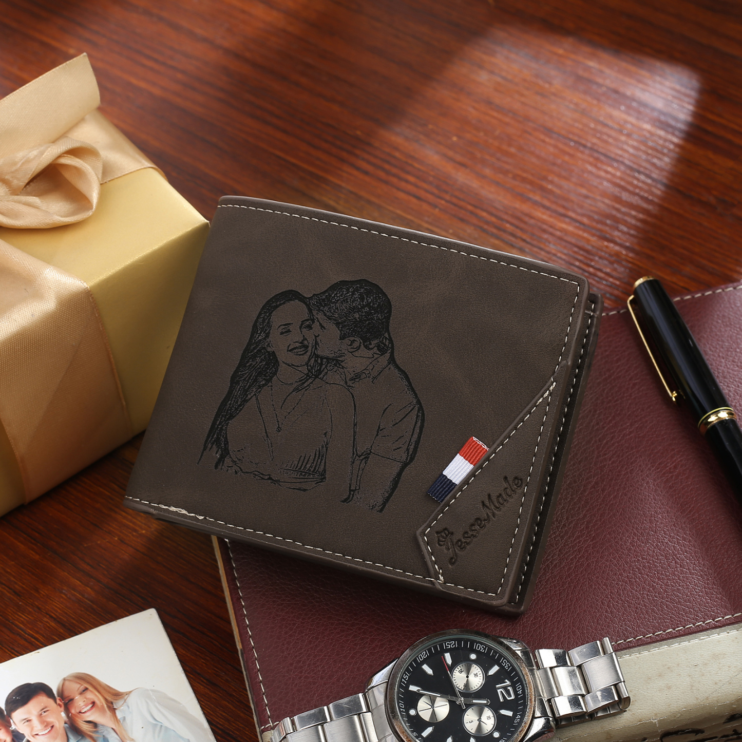 Personalisiertes Foto & Name & Buchstabe Herren Geldbörse & Foto & Text Geldbörse Karte & Stift Geschenkbox Set für Mann/ Freund