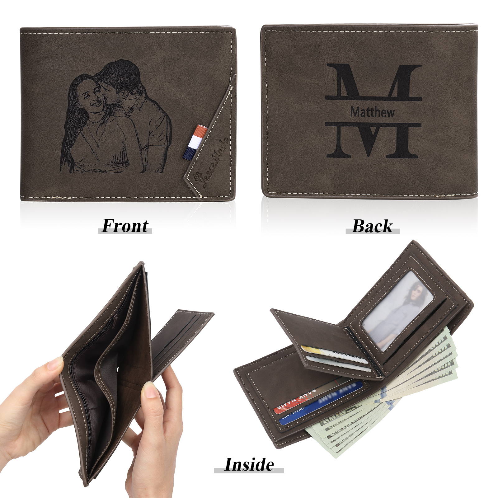 Personalisiertes Foto & Name & Buchstabe Herren Geldbörse & Foto & Text Geldbörse Karte & Stift Geschenkbox Set für Mann/ Freund