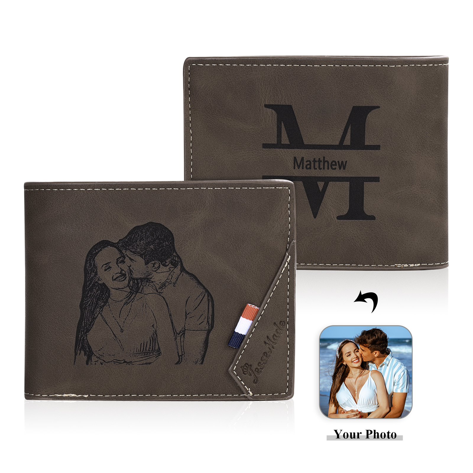Personalisiertes Foto & Name & Buchstabe Herren Geldbörse & Foto & Text Geldbörse Karte & Stift Geschenkbox Set für Mann/ Freund