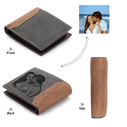 Herren Personalisierte Foto & Text & Name Leder Grau & Orange Geldbörs