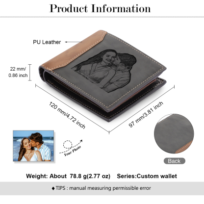 Herren Personalisierte Foto & Text & Name Leder Grau & Orange Geldbörse für Paare