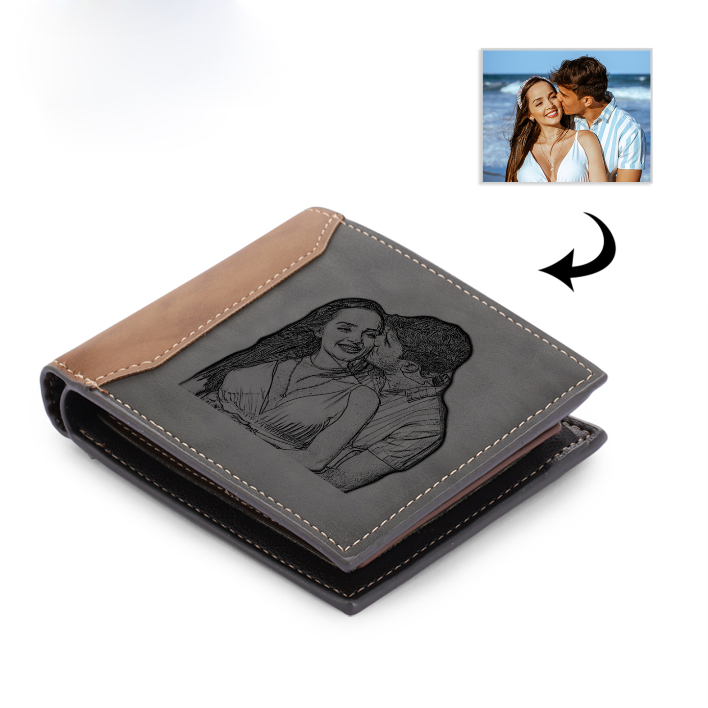 Herren Personalisierte Foto & Text & Name Leder Grau & Orange Geldbörse für Paare