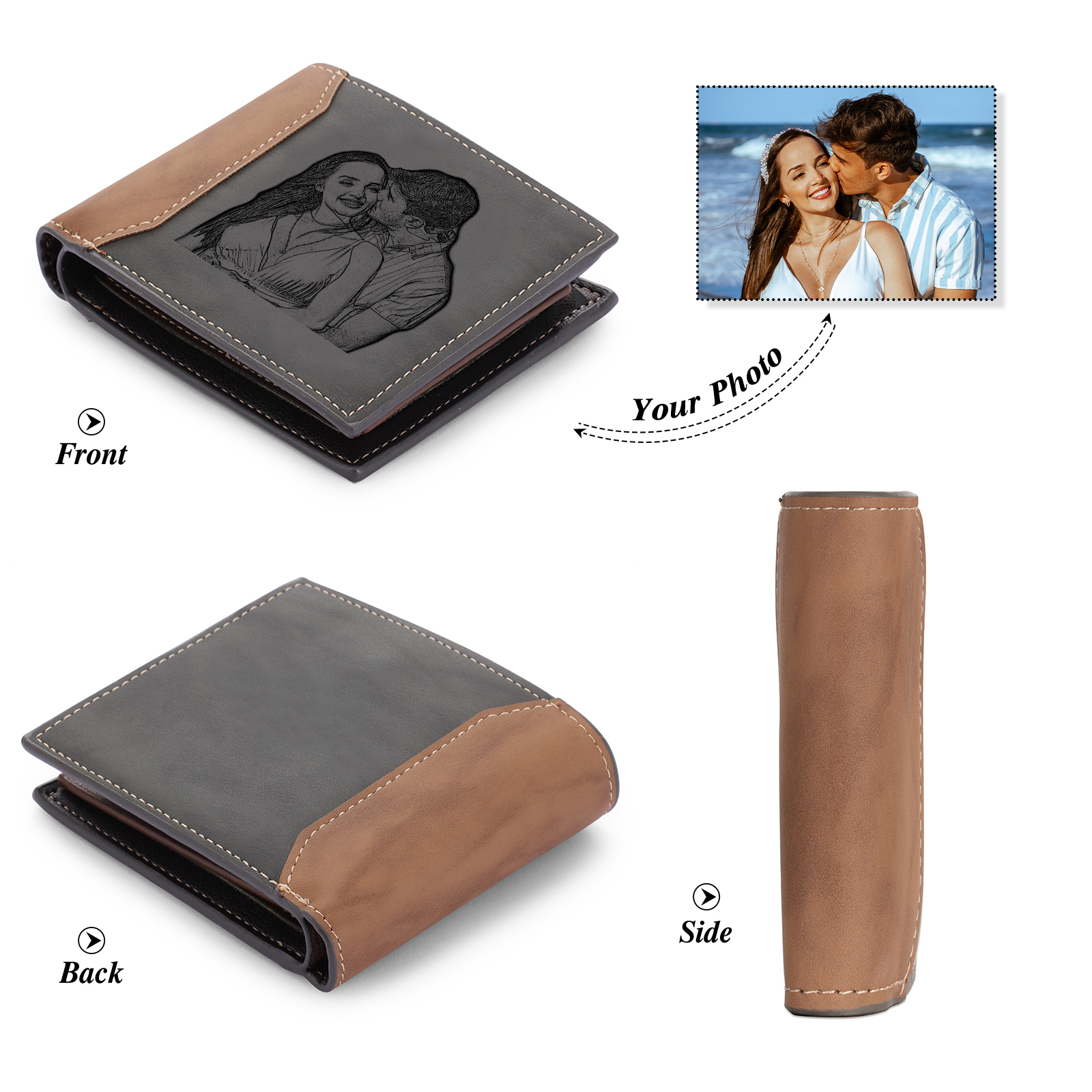 Herren Personalisierte Foto & Text & Name Leder Grau & Orange Geldbörse für Paare