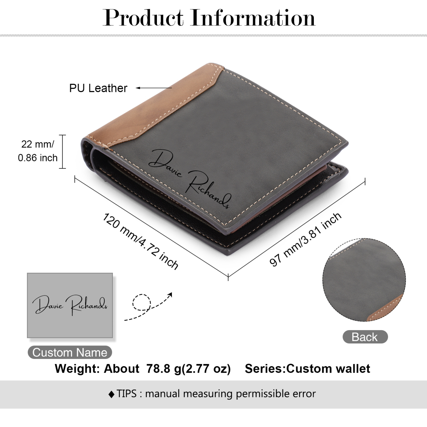 Herren Personalisierte Foto & Text & Name Leder Grau & Orange Geldbörse für Paare