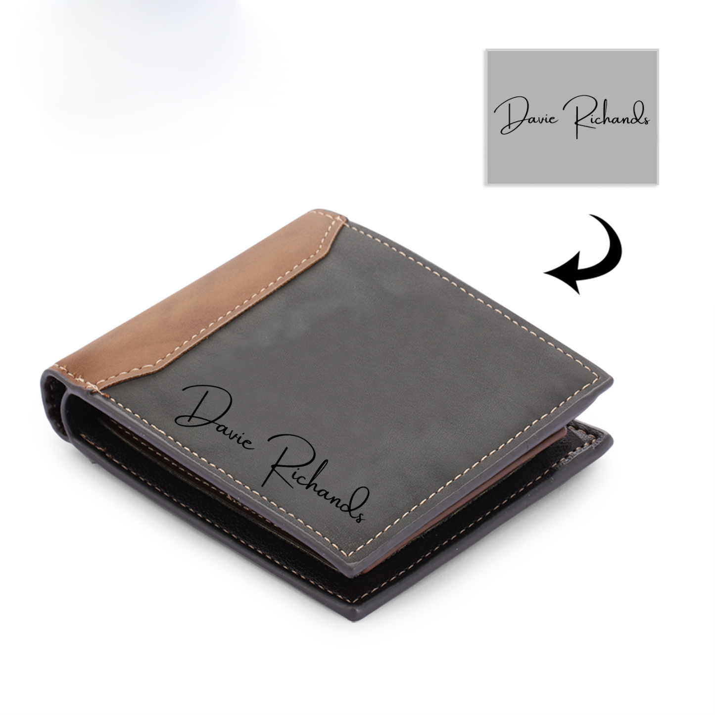 Herren Personalisierte Foto & Text & Name Leder Grau & Orange Geldbörse für Paare