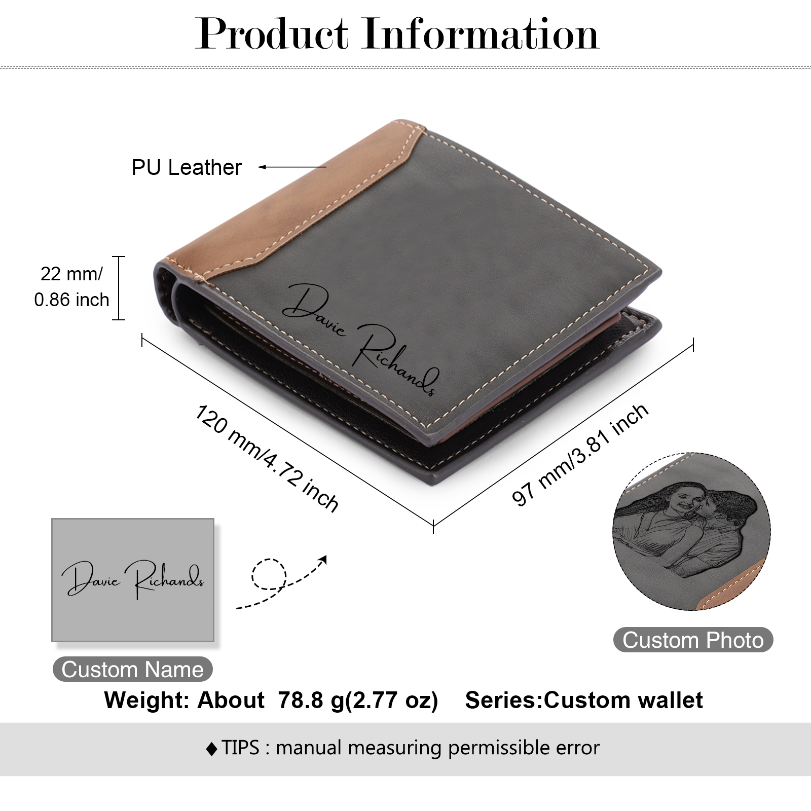 Herren Personalisierte Foto & Text & Name Leder Grau & Orange Geldbörse für Paare