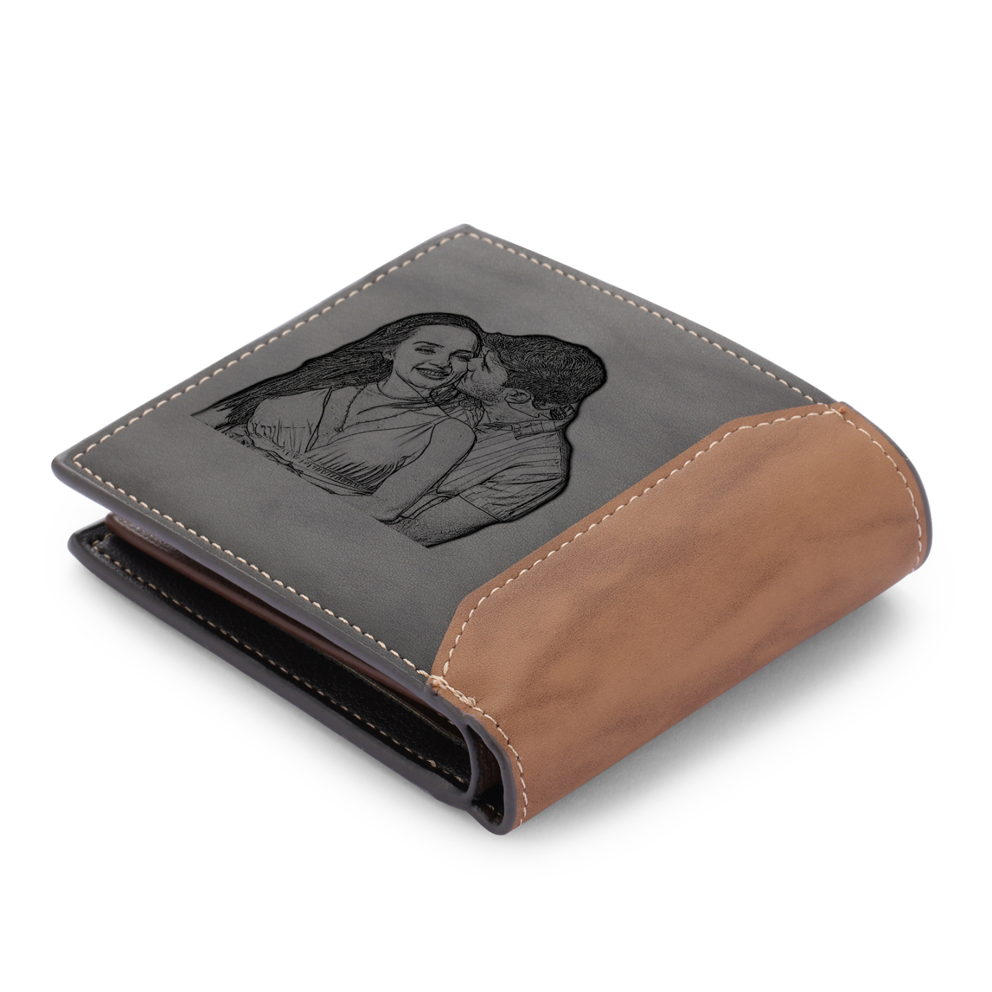 Herren Personalisierte Foto & Text & Name Leder Grau & Orange Geldbörse für Paare