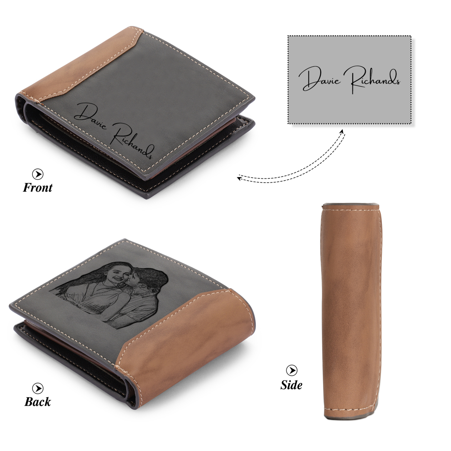 Herren Personalisierte Foto & Text & Name Leder Grau & Orange Geldbörse für Paare