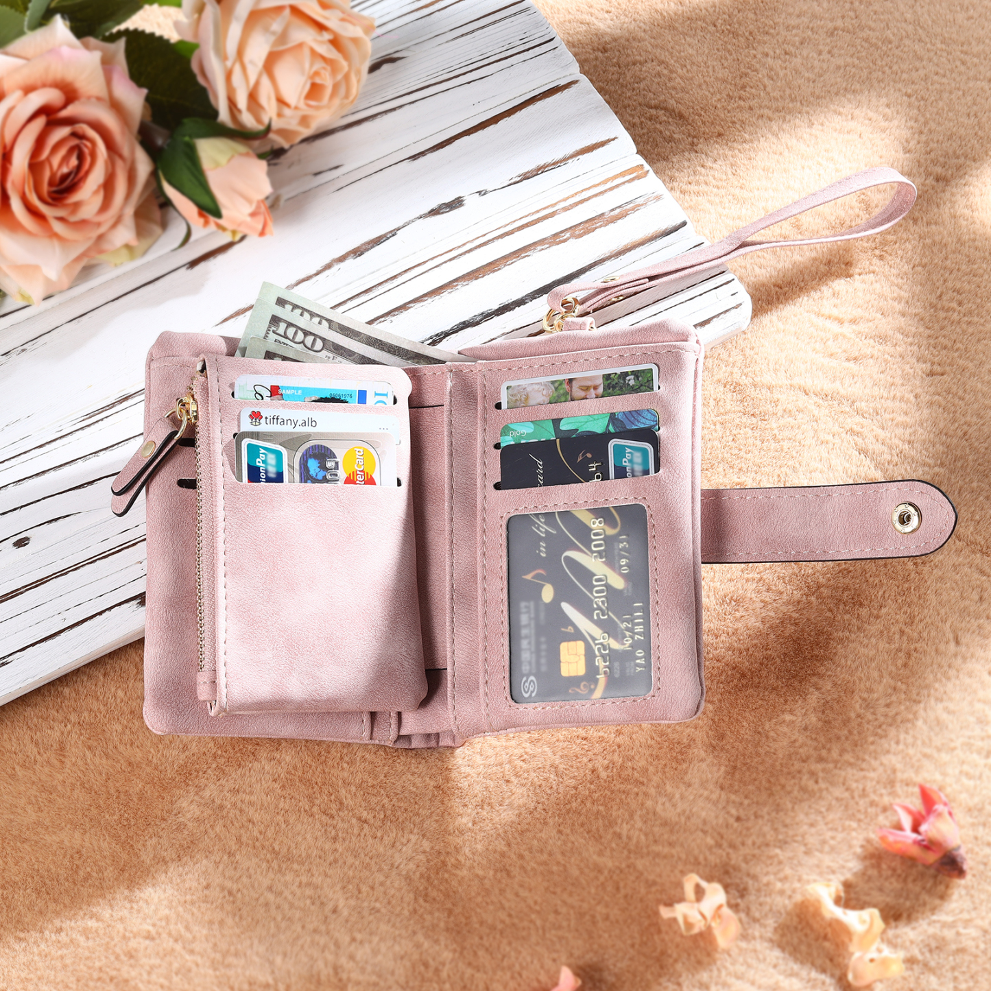 Personalisierter Name & Geburtsblume PU Leder Geldbörse & Acryl-Deko Geschenkbox Set – Weihnachtsgeschenk für Tochter