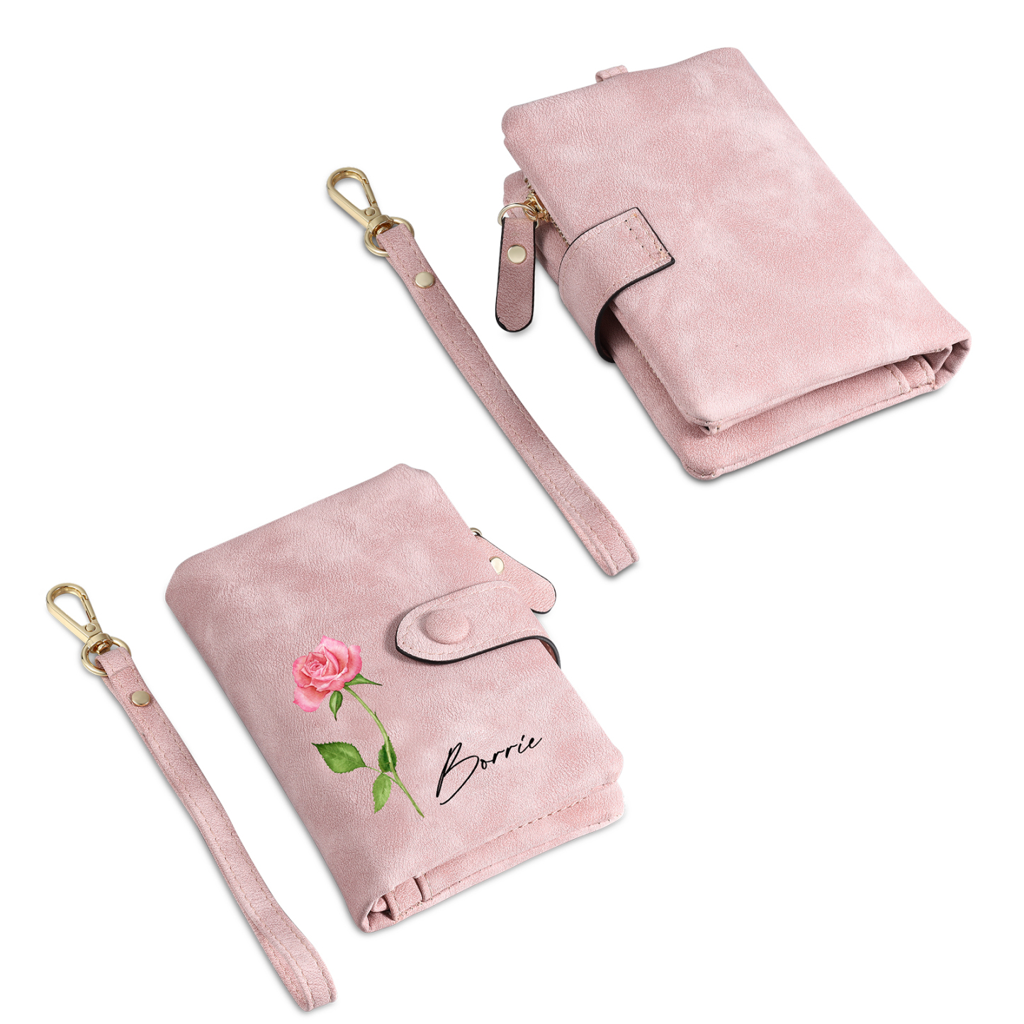 Personalisierter Name & Geburtsblume PU Leder Geldbörse & Acryl-Deko Geschenkbox Set – Weihnachtsgeschenk für Tochter