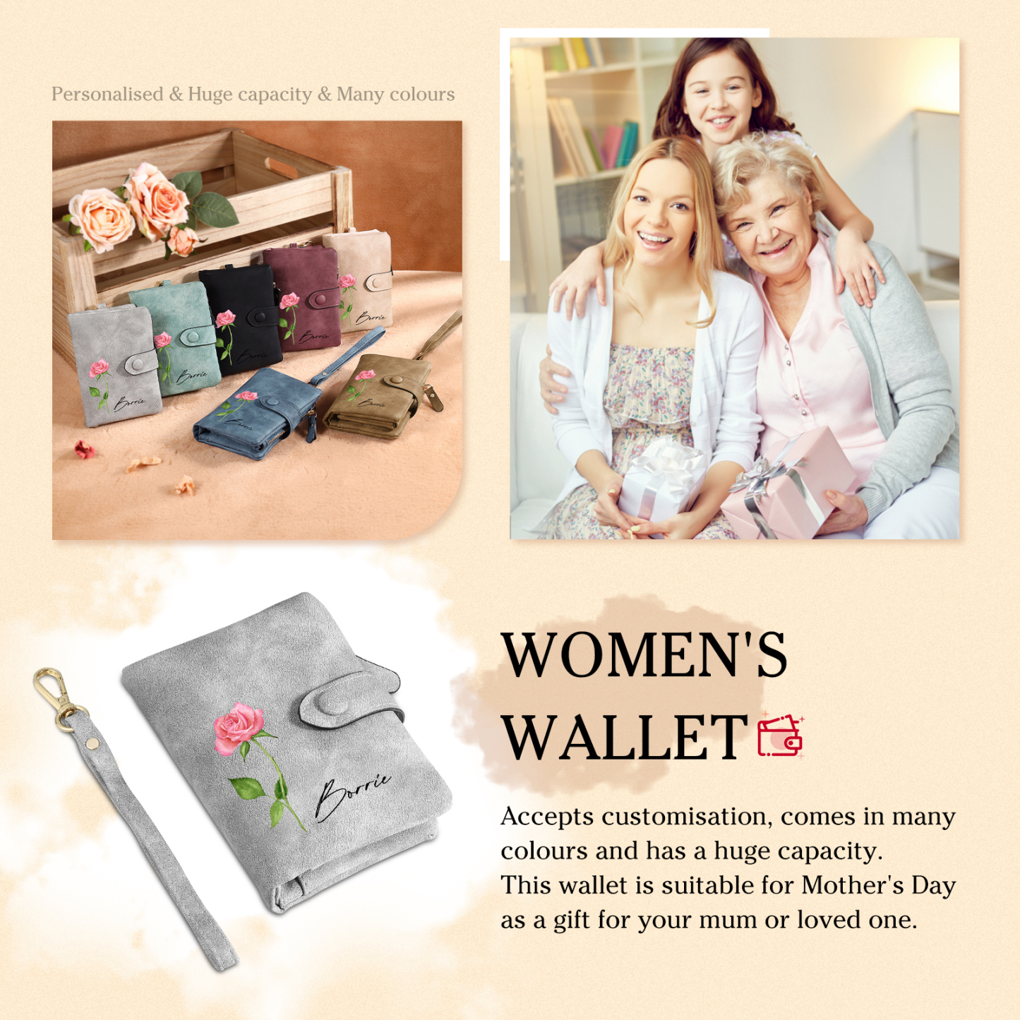 Damen Personalisierter Name & Geburtsblume PU Leder Geldbörse