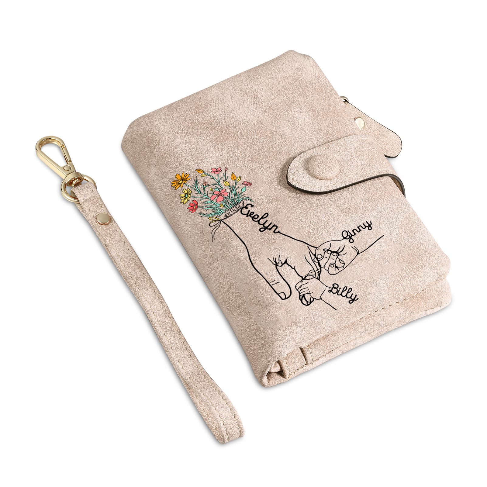 Damen Personalisierte 2-7 Namen Blume Hand PU Leder Geldbörse