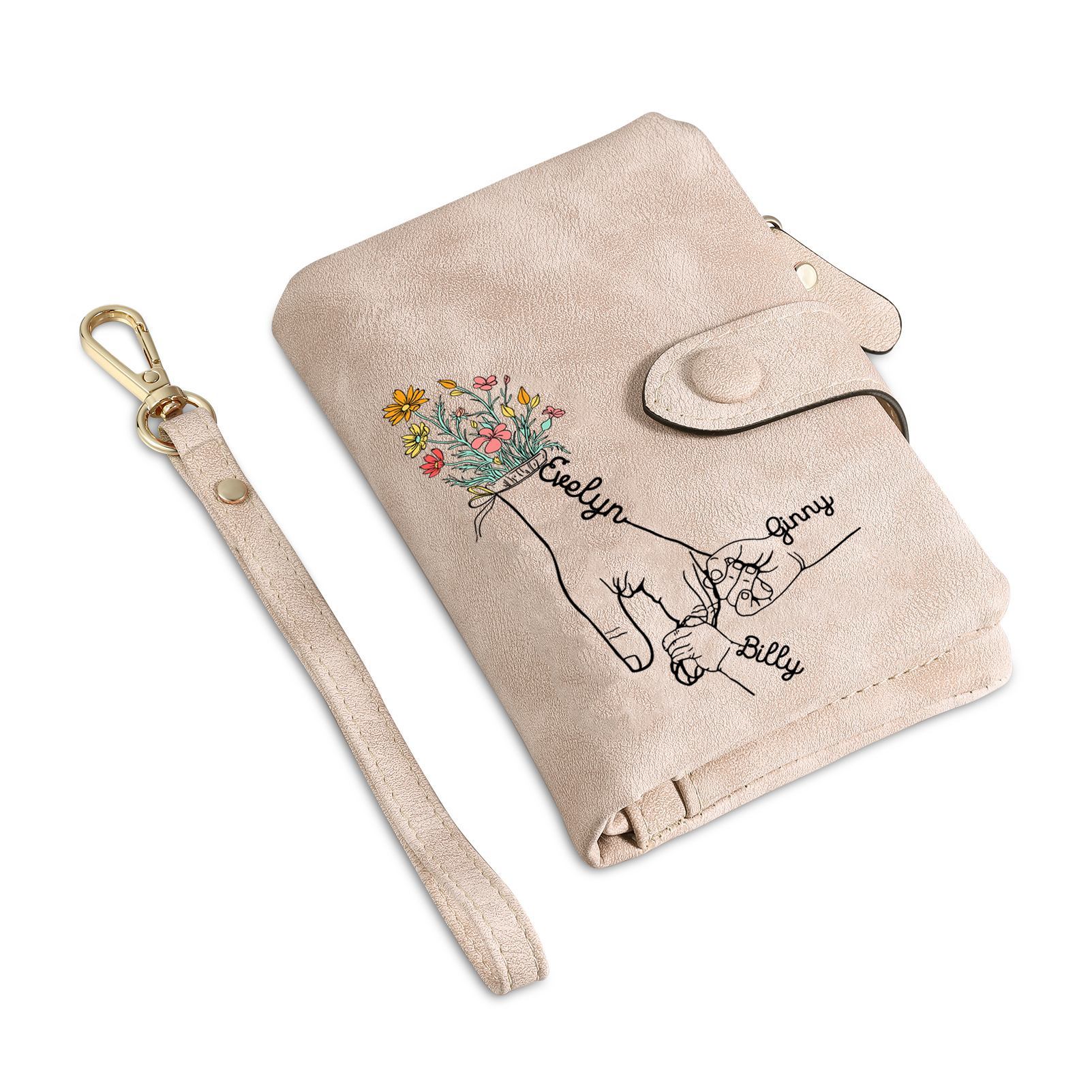 Damen Personalisierte 2-7 Namen Blume Hand PU Leder Geldbörse