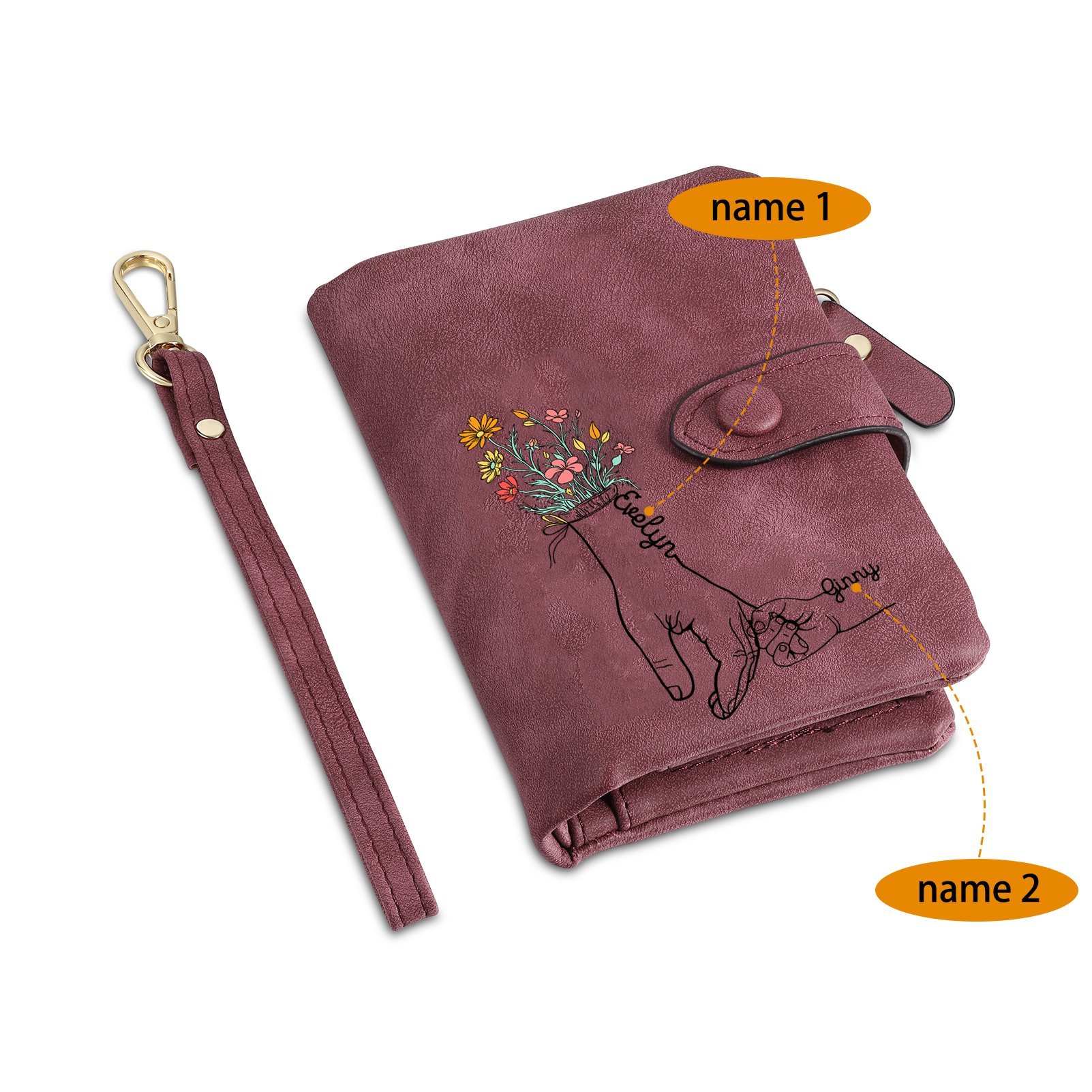 Damen Personalisierte 2-7 Namen Blume Hand PU Leder Geldbörse