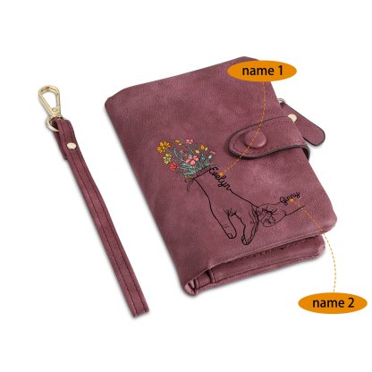 Damen Personalisierte 2-7 Namen Blume Hand PU Leder Geldbörse